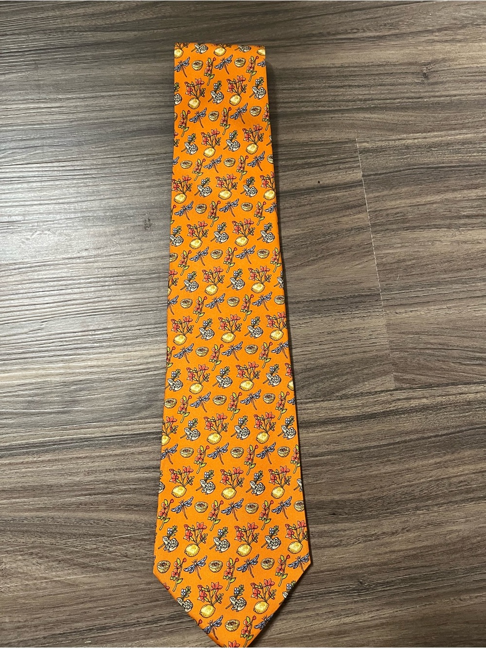 Salvatore Ferragamo Orange Floral and Fruit dragonfly Silk Tie